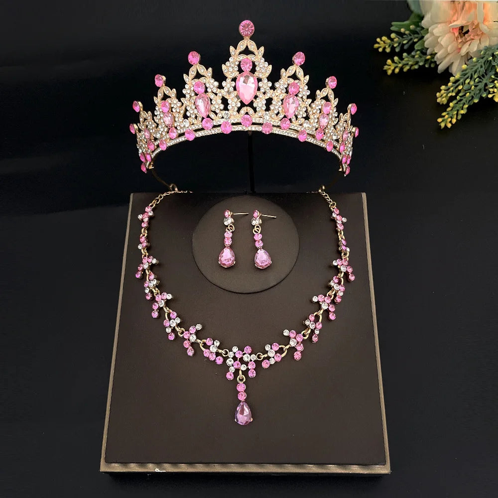 Juego de 3 piezas de tiara de novia de cristal y pendientes de corona, collar, conjunto de joyas para mujeres, princesas y niñas, tiara de boda con joyas para novia 