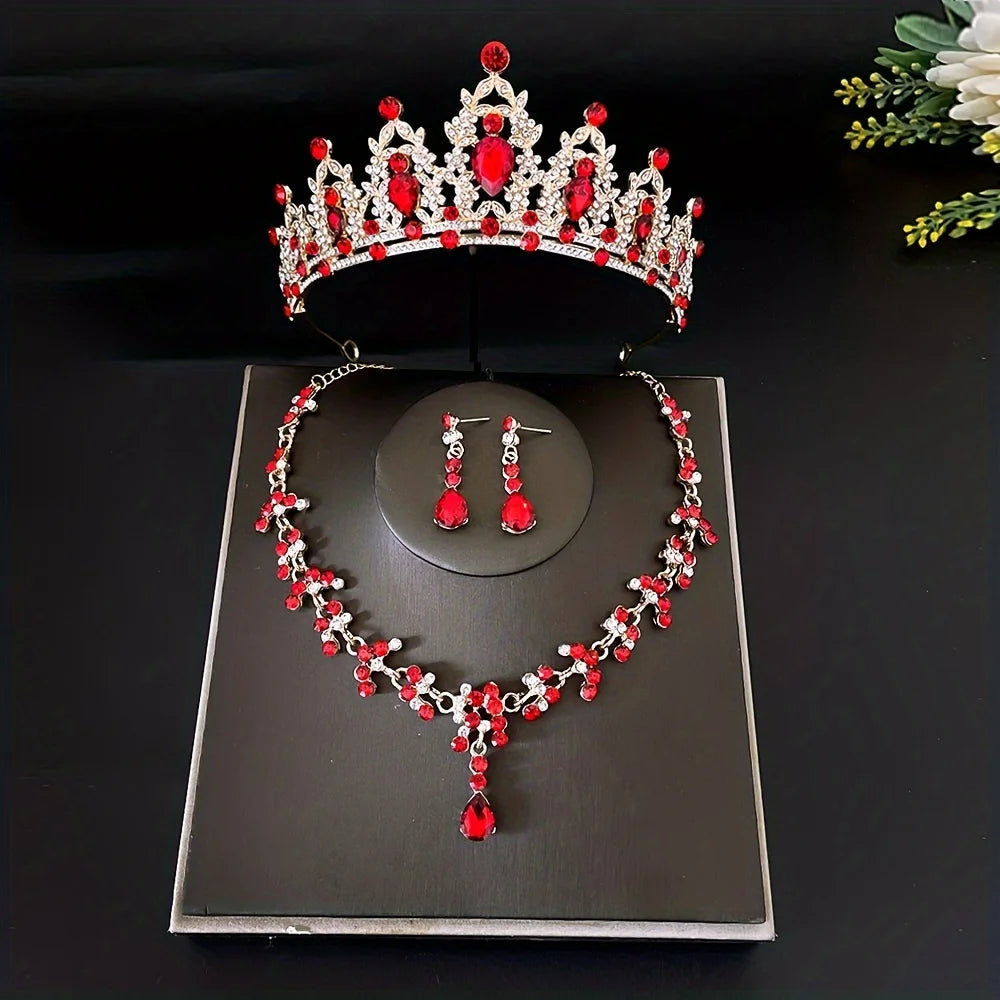 3pcs/set Crystal Bridal Tiara And Crown Earrings Necklace Jewelry Set For Women Princess Girls,Jeweled Wedding Tiara For Bride Leedoar