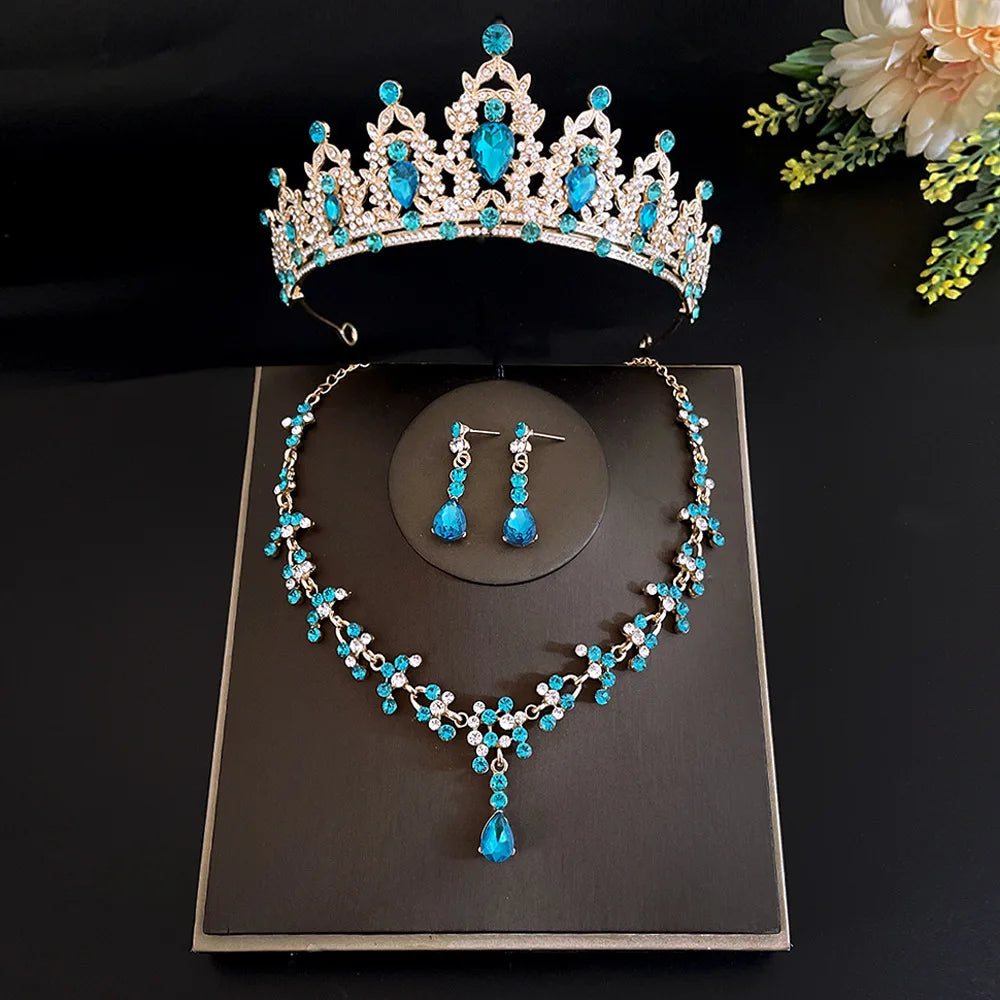 3pcs/set Crystal Bridal Tiara And Crown Earrings Necklace Jewelry Set For Women Princess Girls,Jeweled Wedding Tiara For Bride Leedoar