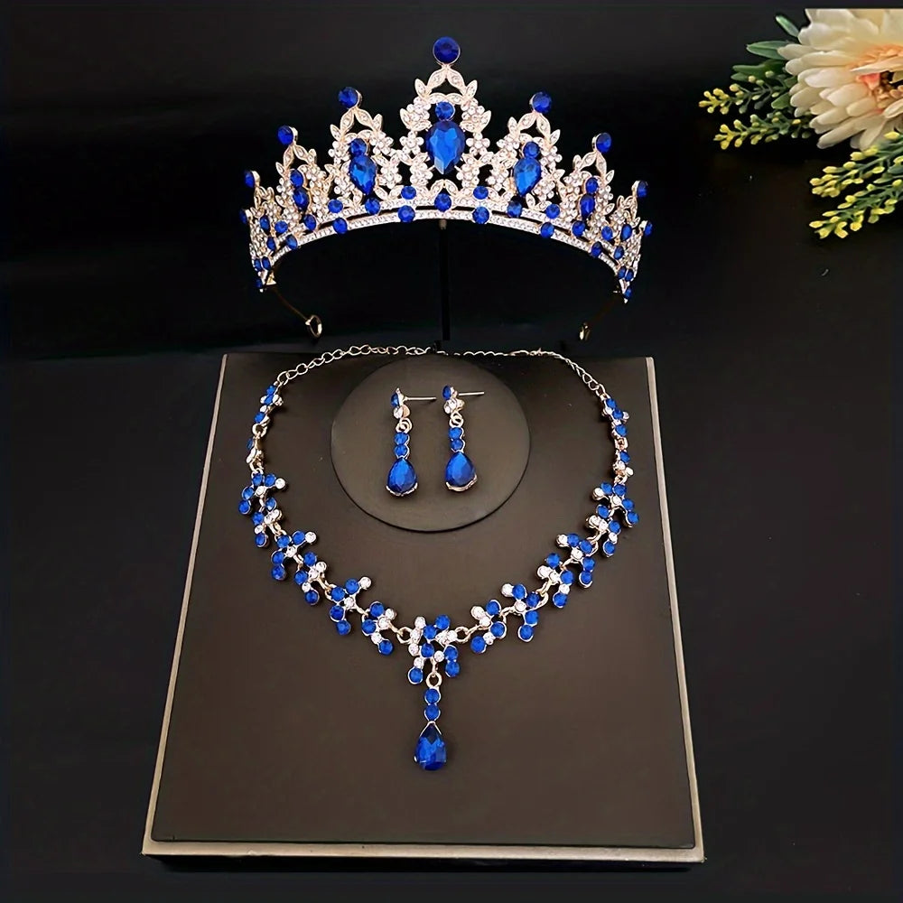 3 peças/conjunto de tiara de cristal para noiva e brincos de coroa, colar, conjunto de joias para mulheres, princesas, meninas, tiara de casamento com joias para noiva 