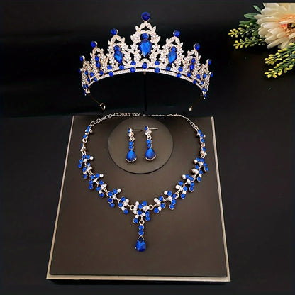 Juego de 3 piezas de tiara de novia de cristal y pendientes de corona, collar, conjunto de joyas para mujeres, princesas y niñas, tiara de boda con joyas para novia 