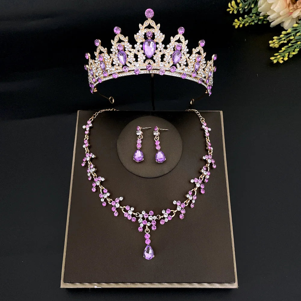 Juego de 3 piezas de tiara de novia de cristal y pendientes de corona, collar, conjunto de joyas para mujeres, princesas y niñas, tiara de boda con joyas para novia 