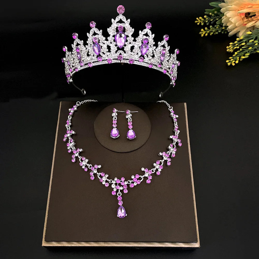 3pcs/set Crystal Bridal Tiara And Crown Earrings Necklace Jewelry Set For Women Princess Girls,Jeweled Wedding Tiara For Bride