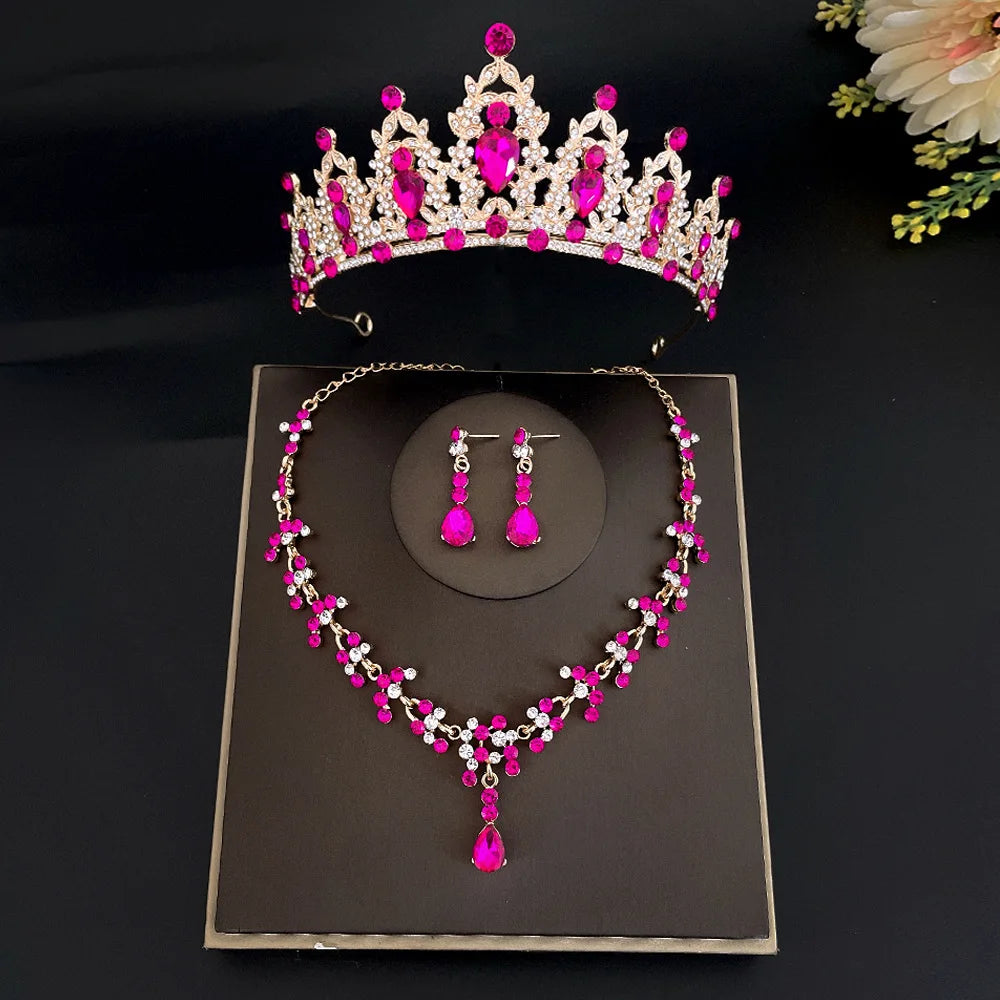 3 peças/conjunto de tiara de cristal para noiva e brincos de coroa, colar, conjunto de joias para mulheres, princesas, meninas, tiara de casamento com joias para noiva 