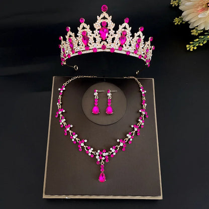 Juego de 3 piezas de tiara de novia de cristal y pendientes de corona, collar, conjunto de joyas para mujeres, princesas y niñas, tiara de boda con joyas para novia 