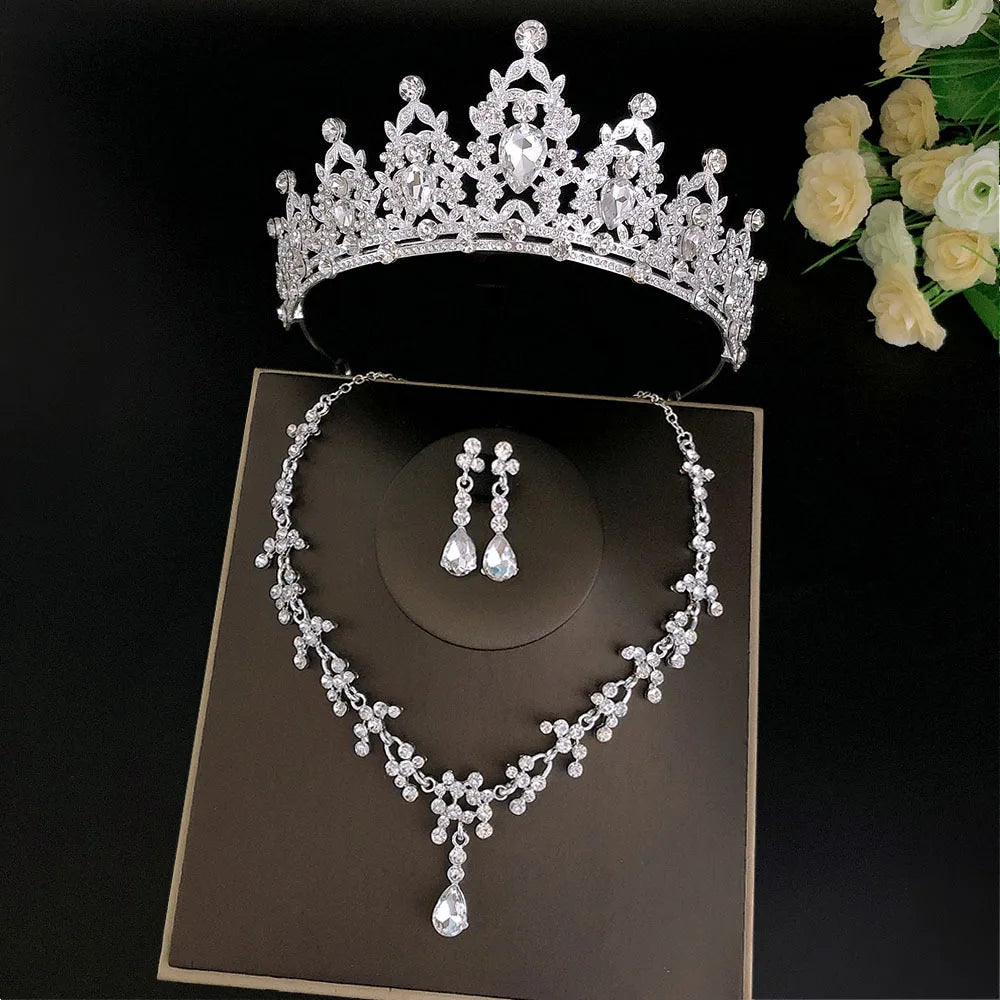 3 peças/conjunto de tiara de cristal para noiva e brincos de coroa, colar, conjunto de joias para mulheres, princesas, meninas, tiara de casamento com joias para noiva 