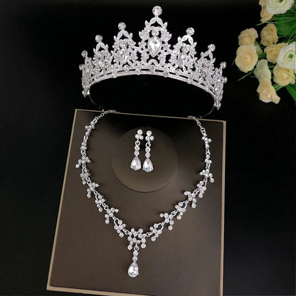 Juego de 3 piezas de tiara de novia de cristal y pendientes de corona, collar, conjunto de joyas para mujeres, princesas y niñas, tiara de boda con joyas para novia 