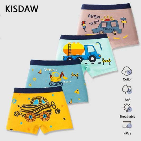 4 Pcs/Lot Children Panties Cotton Underwear For Boys 3-14 Years Breathable Kids Underpants Cars Patterns Cartoon Boy Boxer Brief Leedoar