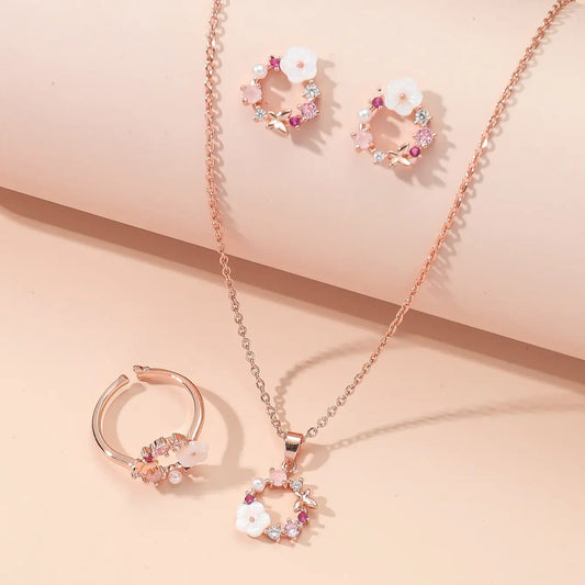 Conjunto de 4 piezas de accesorios de moda con diseño de flores de color oro rosa para dama, collar, anillo, pendientes, joyería sencilla y exquisita con circonitas 