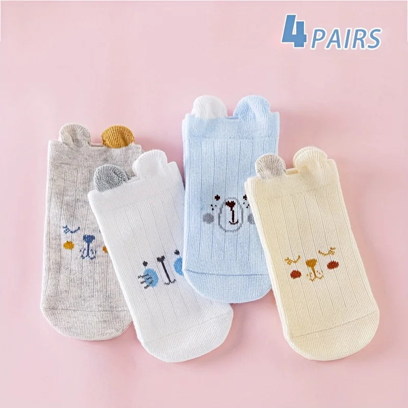 4 pairs of baby socks, cute boys and girls in spring and summer, cartoon three-dimensional teddy bear Leedoar