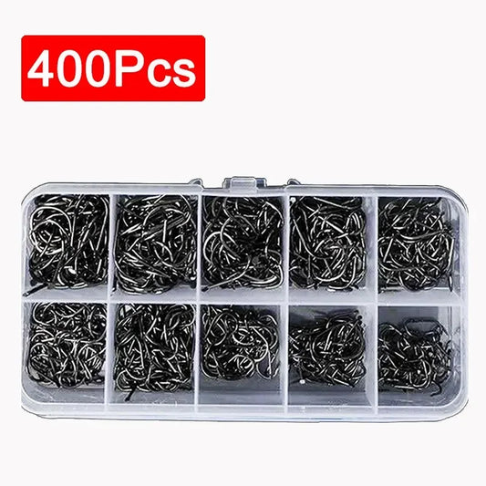 400Pcs Boxed High Carbon Steel Fishing Hooks Wide Gap Offset Fishing Hook Set para água salgada e água doce com 10 tamanhos 