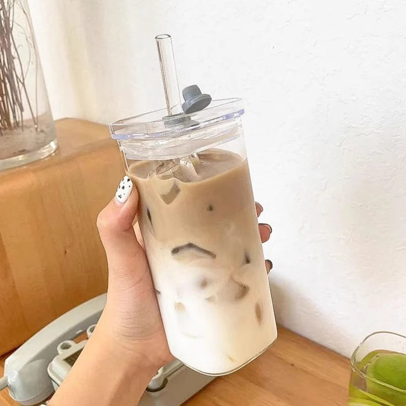 400ml Square Heat Resistant Coffee Glass Cup With Lid and Straw Transparent Milk Tea Juice Cup Coffee Mug For Home Bar Drinkware Leedoar