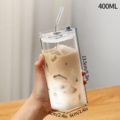 400ml Square Heat Resistant Coffee Glass Cup With Lid and Straw Transparent Milk Tea Juice Cup Coffee Mug For Home Bar Drinkware Leedoar