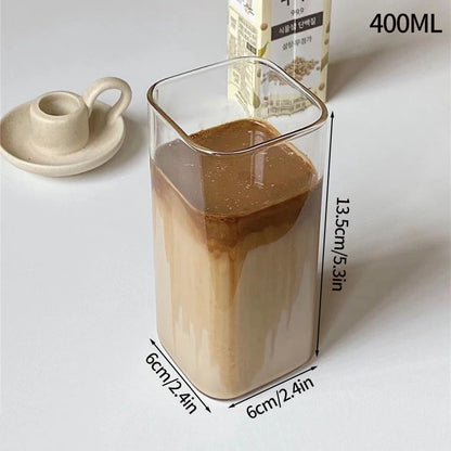 400ml Square Heat Resistant Coffee Glass Cup With Lid and Straw Transparent Milk Tea Juice Cup Coffee Mug For Home Bar Drinkware Leedoar