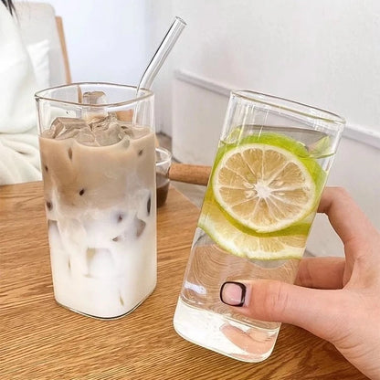 400ml Square Heat Resistant Coffee Glass Cup With Lid and Straw Transparent Milk Tea Juice Cup Coffee Mug For Home Bar Drinkware Leedoar