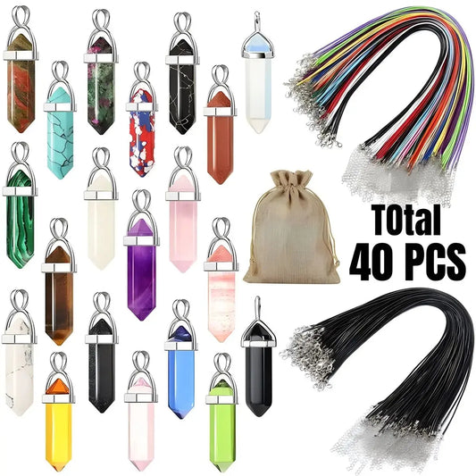 40PCS/30PCS Hexagonal Chakra Synthetic Crystal Pendant , Pointed Quartz Stone With Leather Necklace Chain Storage Bag Leedoar