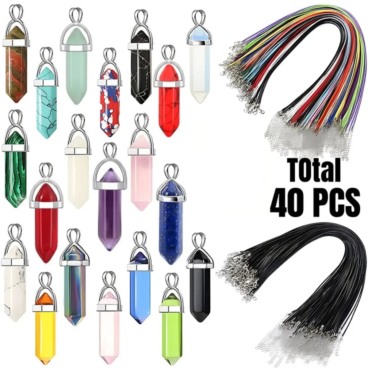 40PCS/30PCS Hexagonal Chakra Synthetic Crystal Pendant , Pointed Quartz Stone With Leather Necklace Chain Storage Bag Leedoar