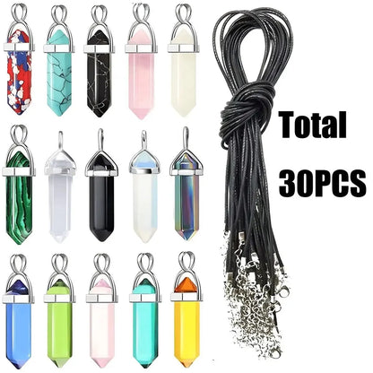 40PCS/30PCS Hexagonal Chakra Synthetic Crystal Pendant , Pointed Quartz Stone With Leather Necklace Chain Storage Bag Leedoar