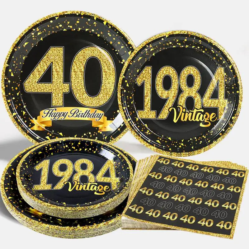 40th Birthday Party Black Gold Tableware Happy 40 Birthday Party Decorations Adults Parents Tablecloth Paper Plates Cups Napkin Leedoar