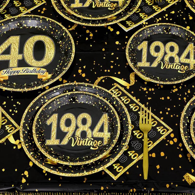 40th Birthday Party Black Gold Tableware Happy 40 Birthday Party Decorations Adults Parents Tablecloth Paper Plates Cups Napkin Leedoar