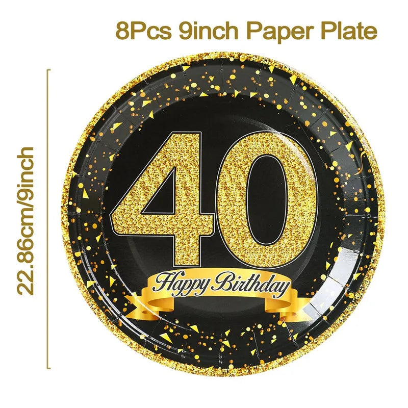 40th Birthday Party Black Gold Tableware Happy 40 Birthday Party Decorations Adults Parents Tablecloth Paper Plates Cups Napkin Leedoar