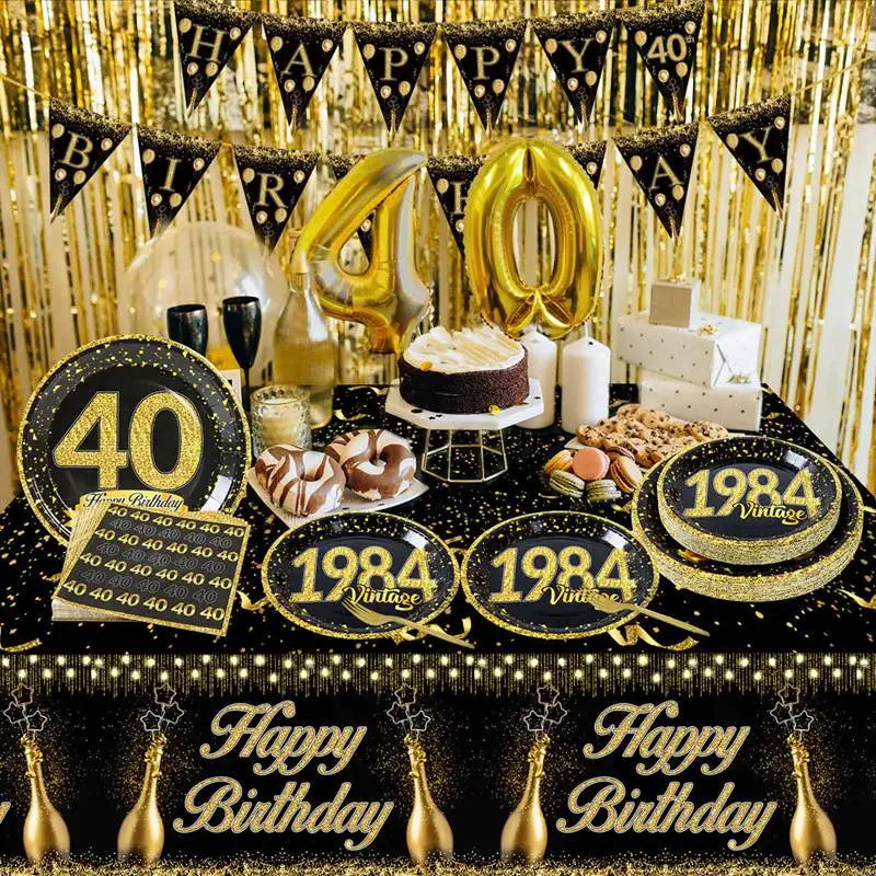 40th Birthday Party Black Gold Tableware Happy 40 Birthday Party Decorations Adults Parents Tablecloth Paper Plates Cups Napkin Leedoar