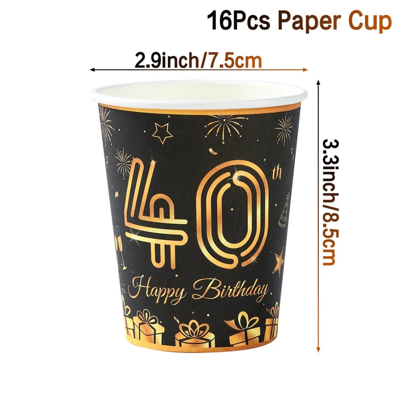 40th Birthday Party Black Gold Tableware Happy 40 Birthday Party Decorations Adults Parents Tablecloth Paper Plates Cups Napkin Leedoar