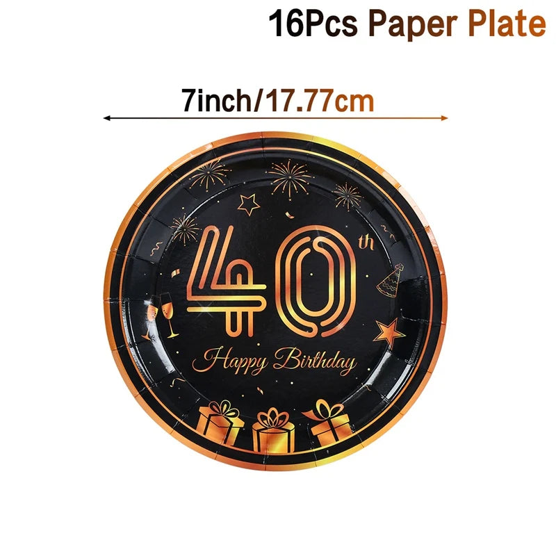 40th Birthday Party Black Gold Tableware Happy 40 Birthday Party Decorations Adults Parents Tablecloth Paper Plates Cups Napkin Leedoar