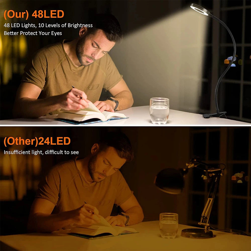 48 LEDs Clip on Desk Lamp 360°Flexible Gooseneck Reading Table Light Eye-Caring USB Clamp Books Night Light Study Read Light Leedoar