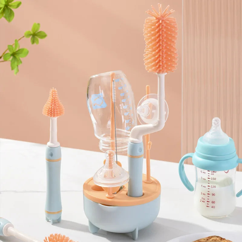 4PCS Baby Bottle Brush Set Multi-Functional Bottle Cleaning And Storage Set 360° No Dead Angle Cleaning Set With Base Drain Rack Leedoar