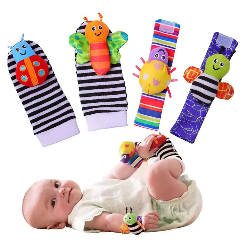 4Pcs Baby Toy 0-12 Months Baby Rattles Toys Animal Socks Wrist Strap + Rattle Baby Foot Socks Bug Wrist Strap Baby Socks New Leedoar