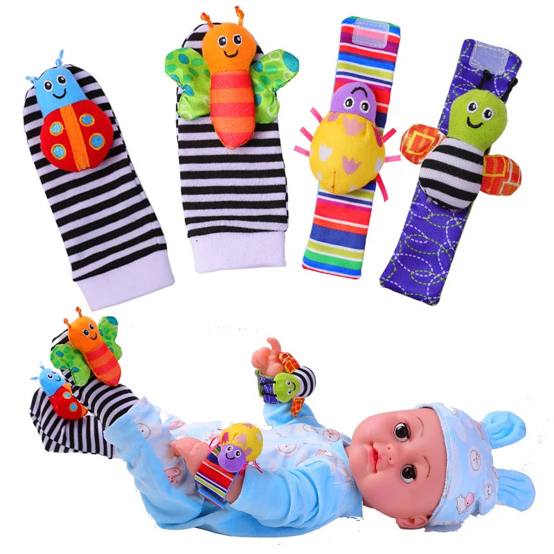 4Pcs Baby Toy 0-12 Months Baby Rattles Toys Animal Socks Wrist Strap + Rattle Baby Foot Socks Bug Wrist Strap Baby Socks New Leedoar