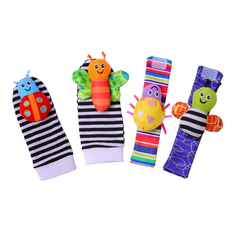 4Pcs Baby Toy 0-12 Months Baby Rattles Toys Animal Socks Wrist Strap + Rattle Baby Foot Socks Bug Wrist Strap Baby Socks New Leedoar