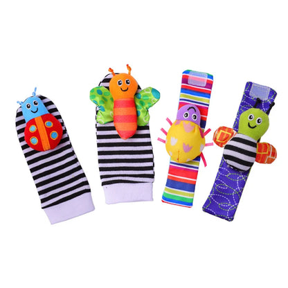 4Pcs Baby Toy 0-12 Months Baby Rattles Toys Animal Socks Wrist Strap + Rattle Baby Foot Socks Bug Wrist Strap Baby Socks New Leedoar