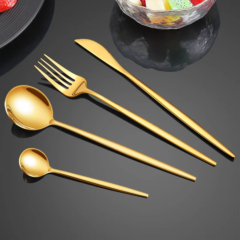 4Pcs Golden Cutlery Set Stainless Steel Knife Fork Spoon Tableware Flatware Set Festival Kitchen Dinnerware Gift Leedoar