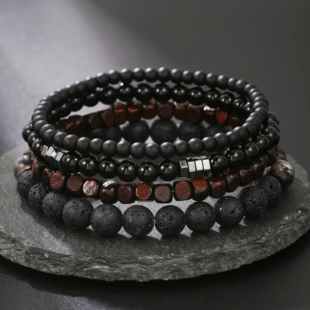 Juego de 4 pulseras elásticas de múltiples capas con cuentas de madera volcánica y piedra biliar negra para hombre, para pareja y amigos 