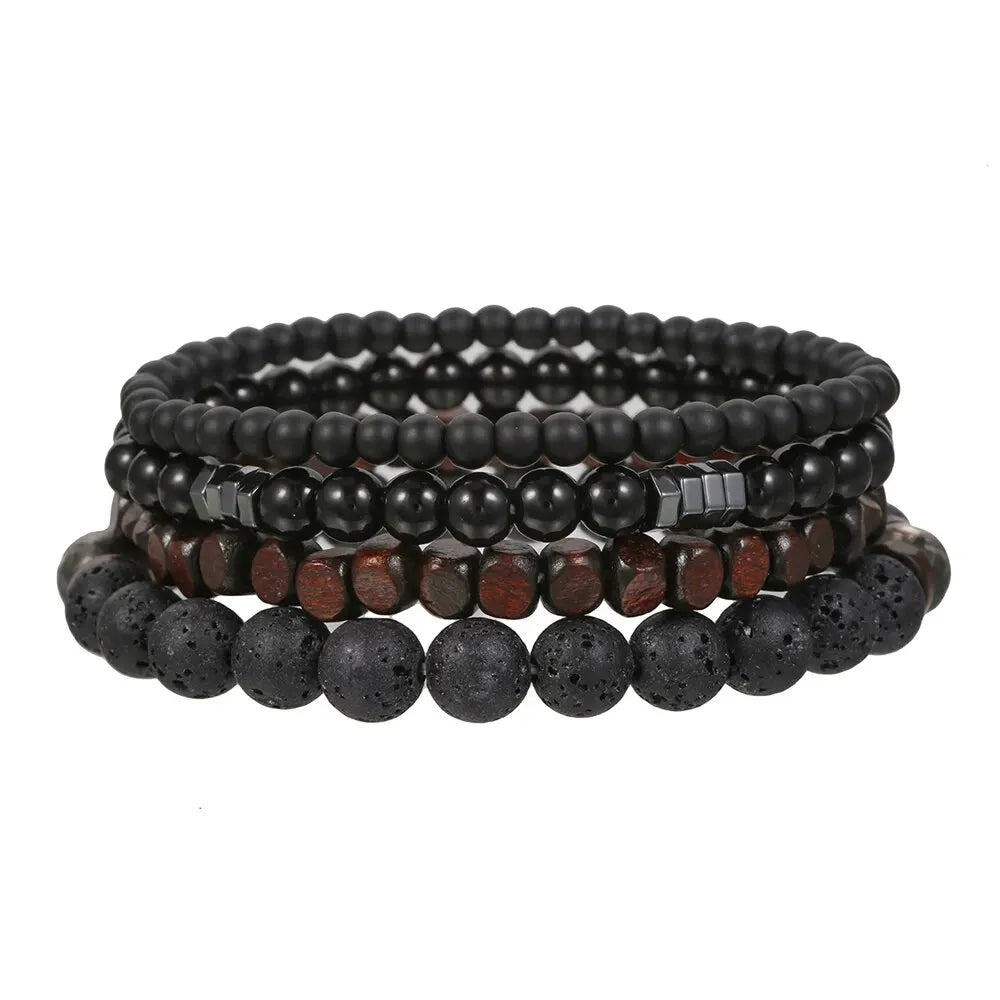 Juego de 4 pulseras elásticas de múltiples capas con cuentas de madera volcánica y piedra biliar negra para hombre, para pareja y amigos 