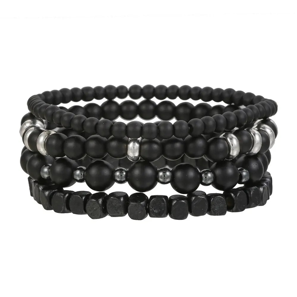 4Pcs/Set Black Gall Stone Volcanic Stone Wood Beads Multi-camadas Combinação Masculina Pulseira Elástica Para Casal Amigos Jóias 