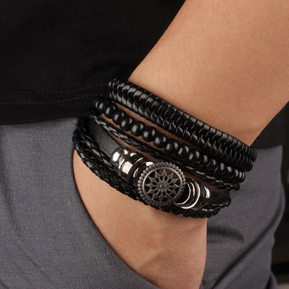 Juego de 4 pulseras de cuero trenzado para hombre, pulsera de cuerda con cuentas de madera, estilo étnico tribal, con dijes de timón y árbol de la vida vintage 