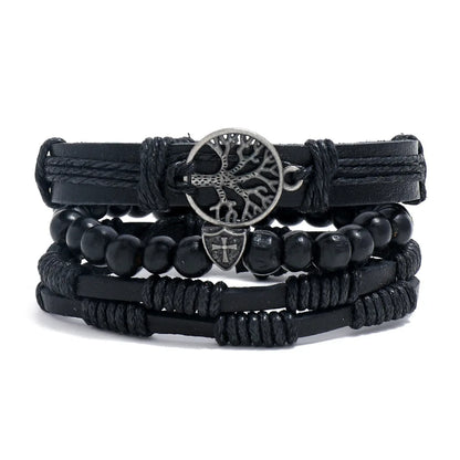 Juego de 4 pulseras de cuero trenzado para hombre, pulsera de cuerda con cuentas de madera, estilo étnico tribal, con dijes de timón y árbol de la vida vintage 