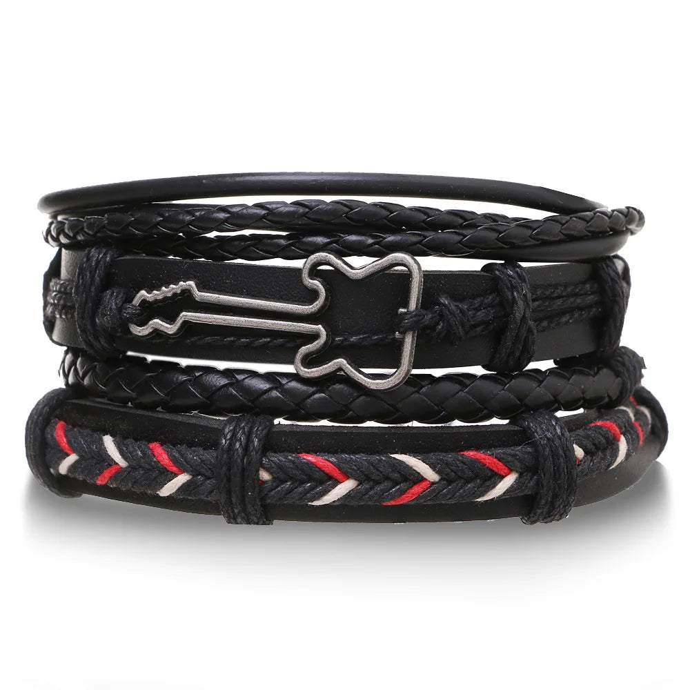 Juego de 4 pulseras de cuero trenzado para hombre, pulsera de cuerda con cuentas de madera, estilo étnico tribal, con dijes de timón y árbol de la vida vintage 