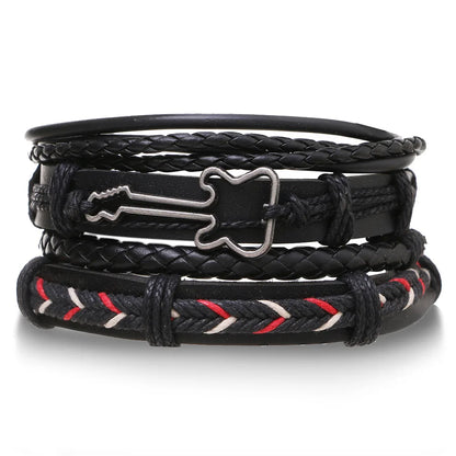 4Pcs/Set Trançado Envoltório Pulseiras de Couro para Homens Vintage Vida Árvore Leme Charme Contas de Madeira Étnica Tribal Pulseira Pulseira de Corda 