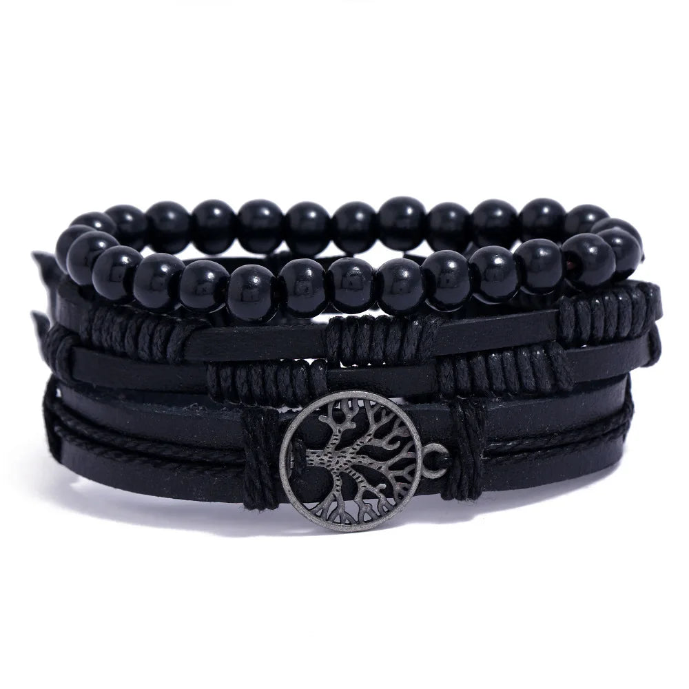 Juego de 4 pulseras de cuero trenzado para hombre, pulsera de cuerda con cuentas de madera, estilo étnico tribal, con dijes de timón y árbol de la vida vintage 