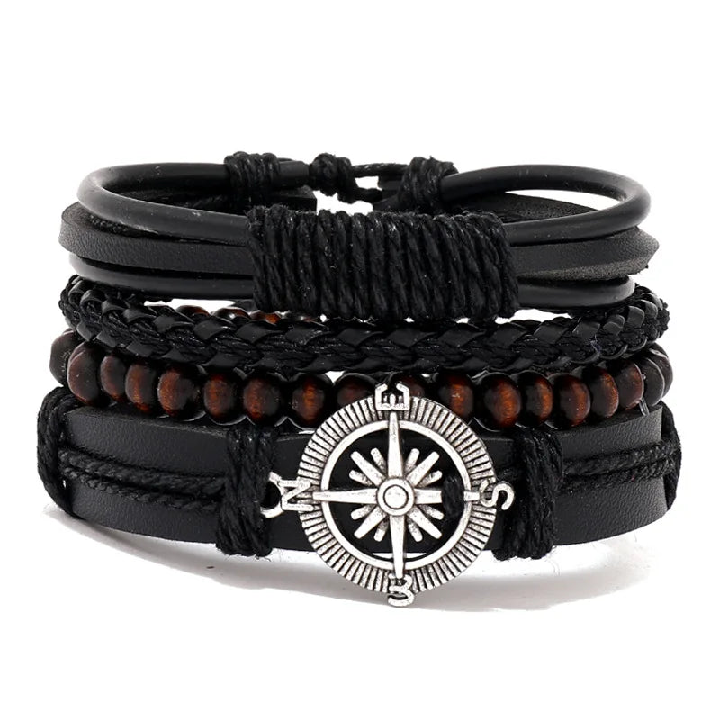 Juego de 4 pulseras de cuero trenzado para hombre, pulsera de cuerda con cuentas de madera, estilo étnico tribal, con dijes de timón y árbol de la vida vintage 