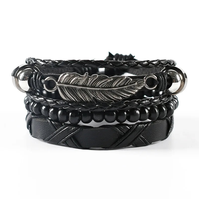 4Pcs/Set Trançado Envoltório Pulseiras de Couro para Homens Vintage Vida Árvore Leme Charme Contas de Madeira Étnica Tribal Pulseira Pulseira de Corda 