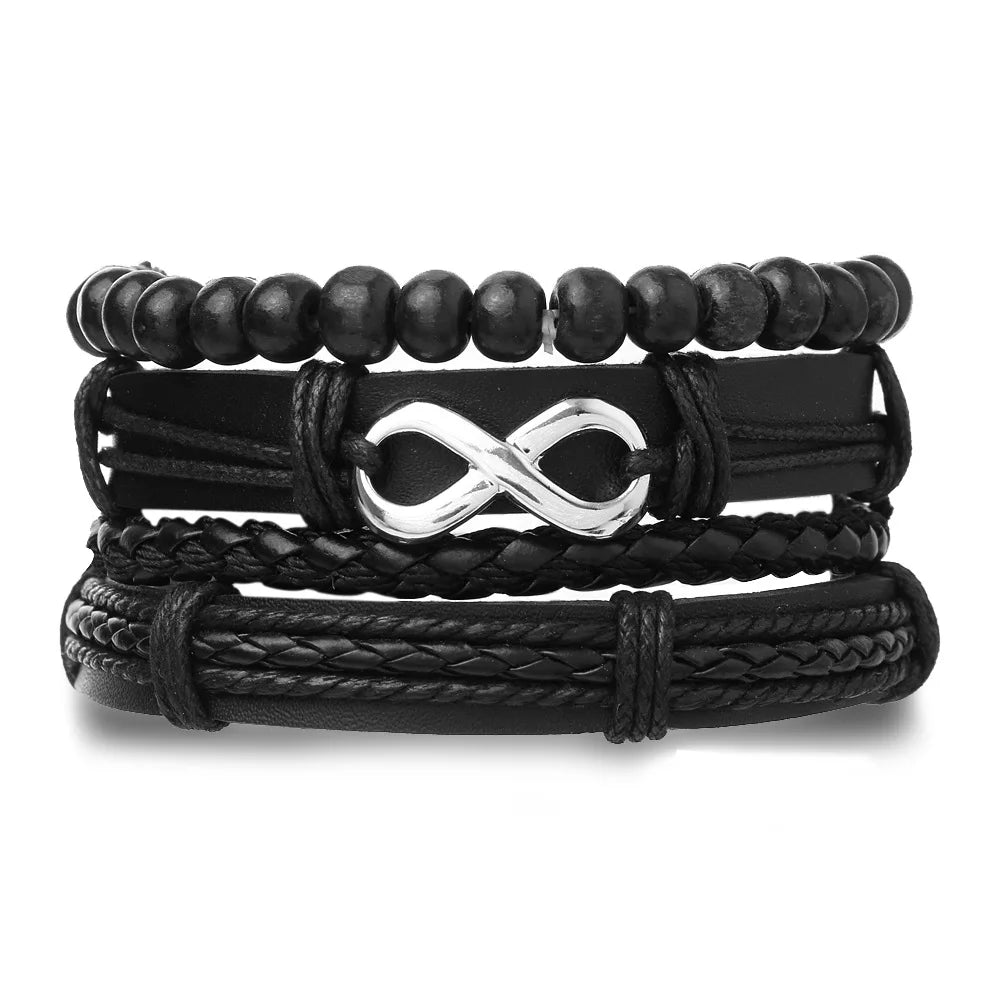 4Pcs/Set Trançado Envoltório Pulseiras de Couro para Homens Vintage Vida Árvore Leme Charme Contas de Madeira Étnica Tribal Pulseira Pulseira de Corda 