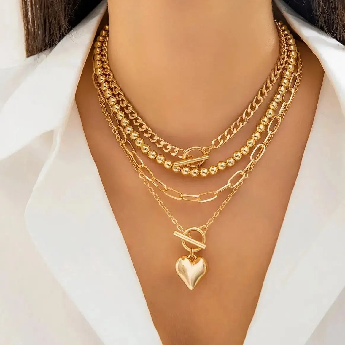 4Pcs/Set Punk Gold Color Heart Pendant Necklace for Women 2024 Trendy OT Buckle Beaded Neck Chain Choker Y2K Jewelry Accessories Leedoar