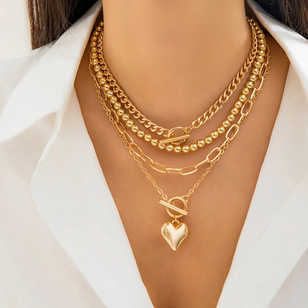 4Pcs/Set Punk Gold Color Heart Pendant Necklace for Women 2024 Trendy OT Buckle Beaded Neck Chain Choker Y2K Jewelry Accessories Leedoar