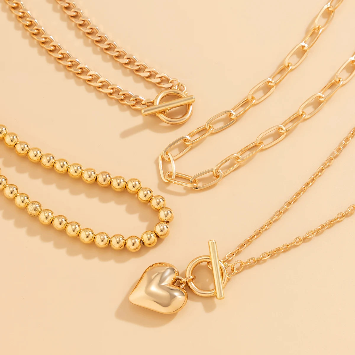 4Pcs/Set Punk Gold Color Heart Pendant Necklace for Women 2024 Trendy OT Buckle Beaded Neck Chain Choker Y2K Jewelry Accessories Leedoar