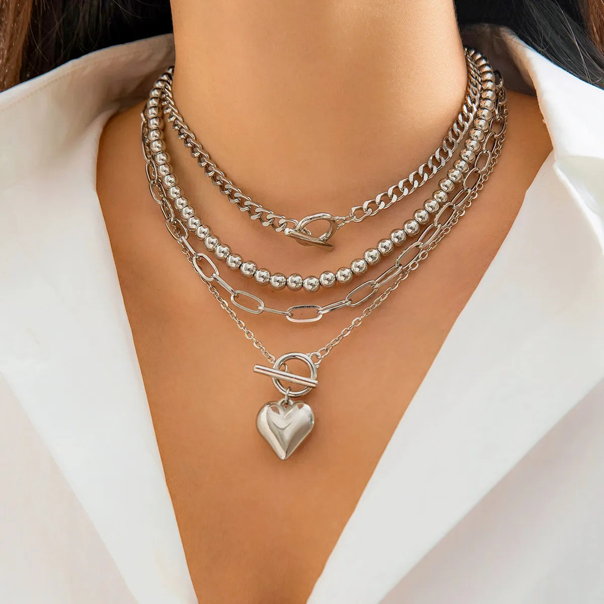 4Pcs/Set Punk Gold Color Heart Pendant Necklace for Women 2024 Trendy OT Buckle Beaded Neck Chain Choker Y2K Jewelry Accessories Leedoar